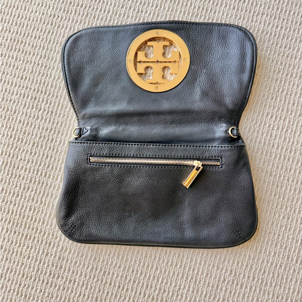 Tory Burch Black Leather Logo Miller Clutch with Gold Emblem - Picture 3 of 4